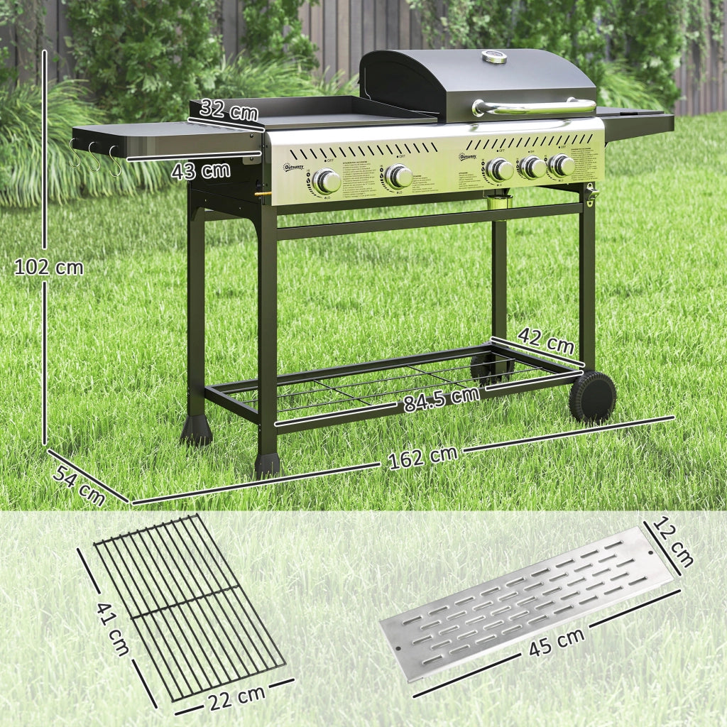 Barbecue a Gas con Piastra e Fornello Coperchio con Termometro Regolatore e Tubo Inclusi Nero