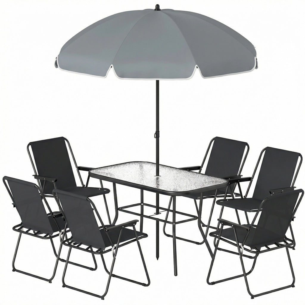 Set da Giardino 8 pz con Ombrellone, 6 Sedie Pieghevoli e Tavolo da Esterno in Vetro Temperato, Nero