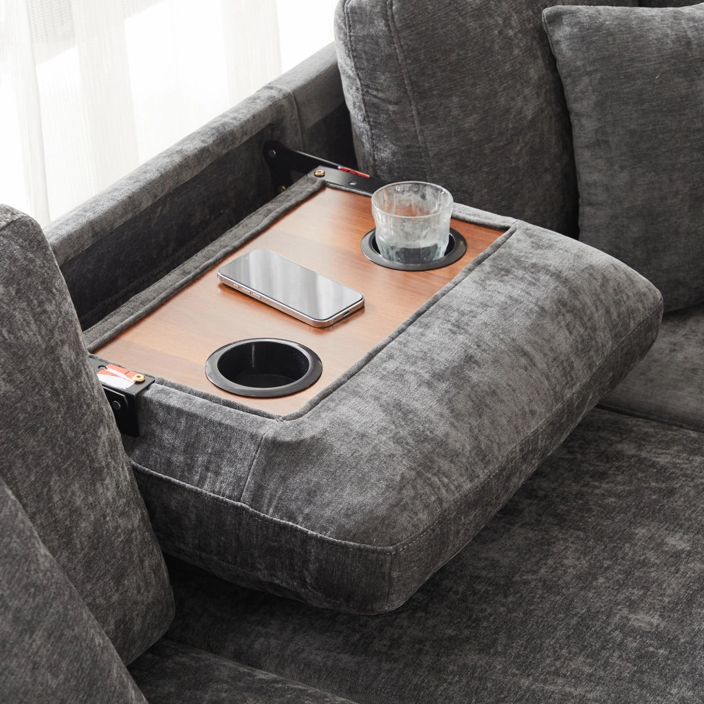 Divano angolare convertibile con vano contenitore, lampada da lettura, USB e Type C, in Chenille, Grigio