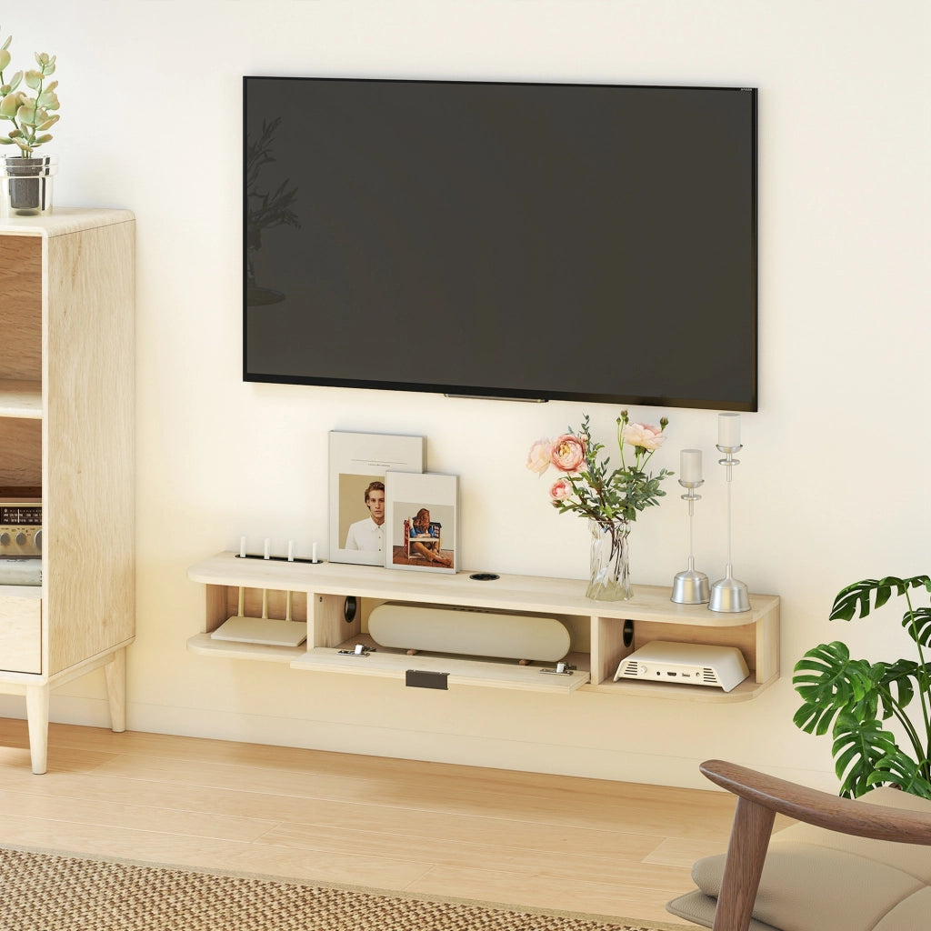 Mobile TV Sospeso con Cassetto e Ripiani Aperti ¨C zephmum ¨C Legno Naturale 120x24x16 cm