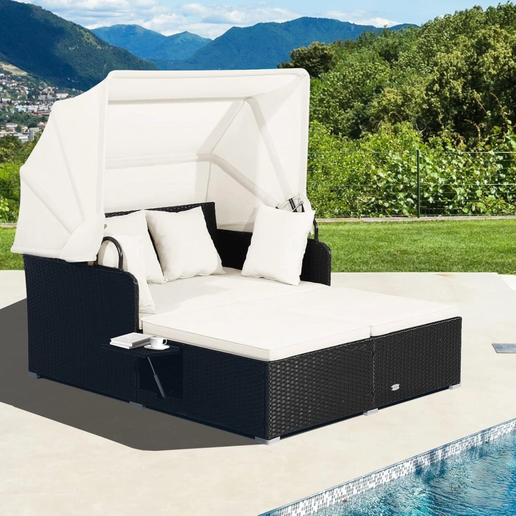 Lettino Prendisole in Rattan, Lettino da Giardino per 2 Persone con Tettuccio Retrattile, Cuscini Spessi, Ideale per Giardino Cortile Portico Prato, 165x153x138 cm