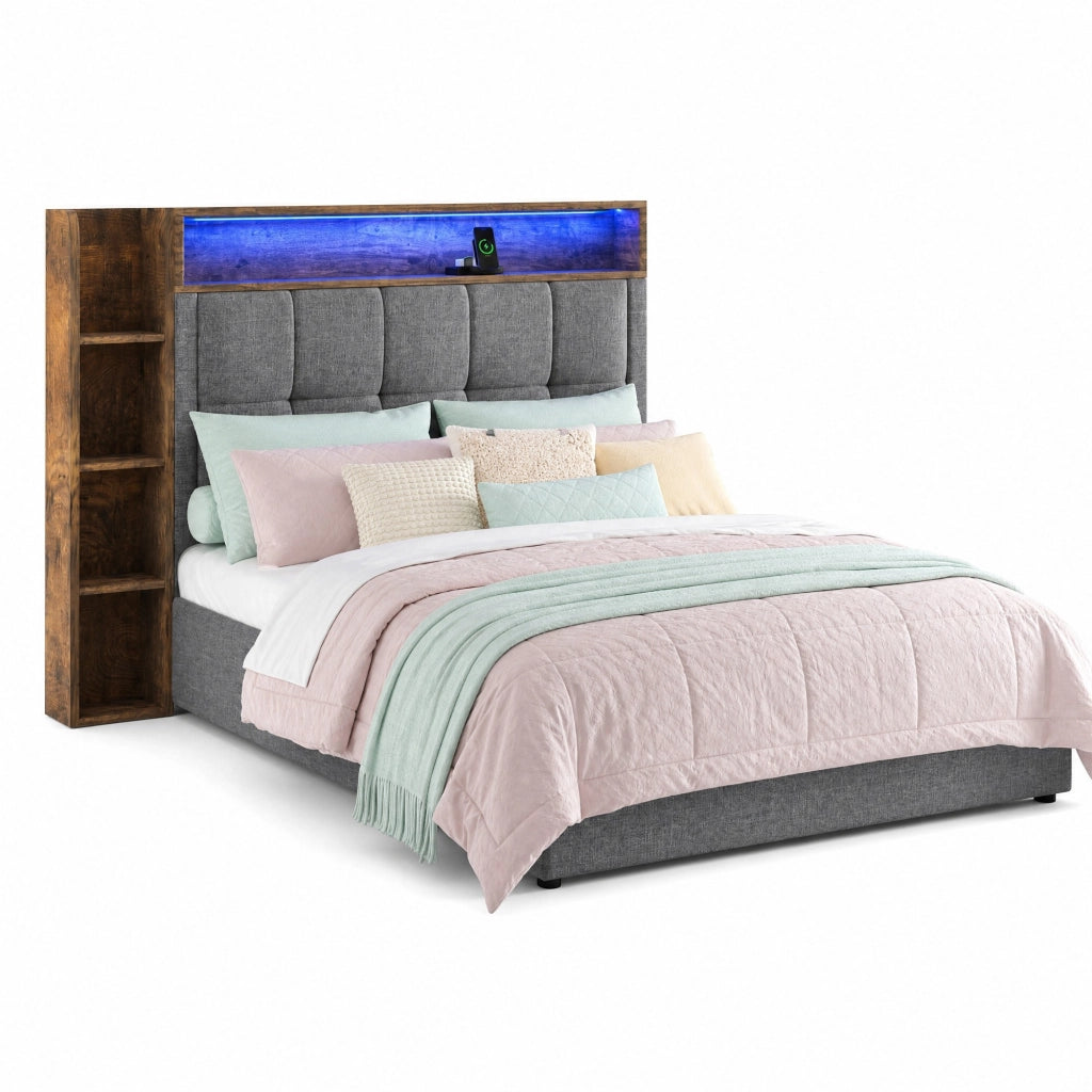DESMIU Letto contenitore 90 × 200 cm 1 posto con USB, Type-C, LED, contenitore idraulico, senza materasso, grigio