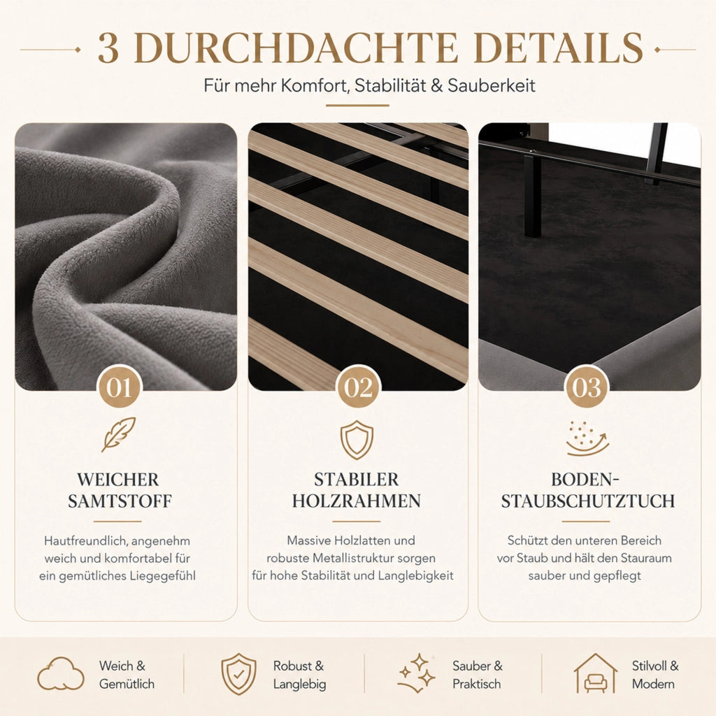 LETTO Contenitore 140x200 cm in velluto grigio con testiera multifunzione
