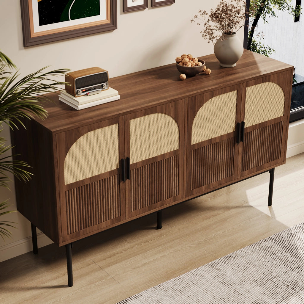 Madia 4 ante 140x40x80 cm effetto noce e rattan naturale HOMVRA