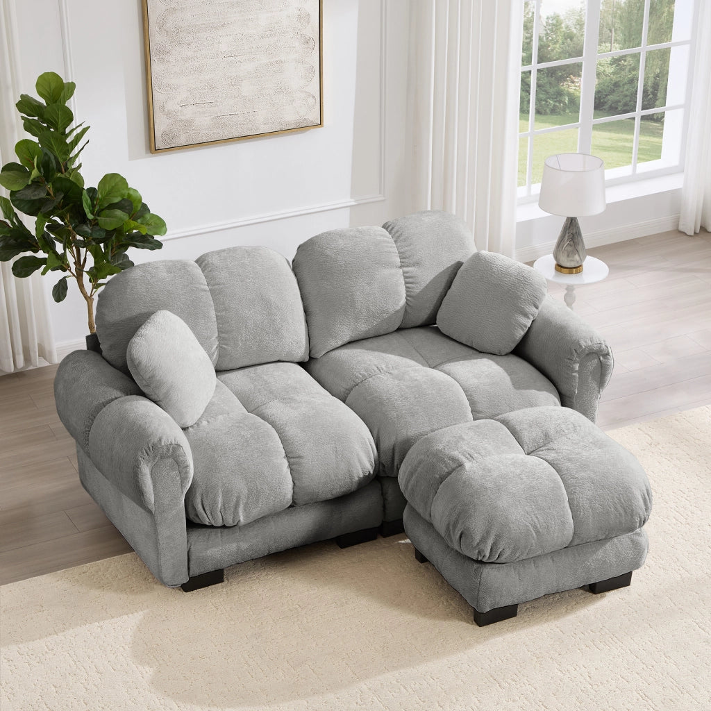Divano angolare reversibile 2 posti in Chenille con cuscini trapuntati e pouf mobile, Grigio chiaro