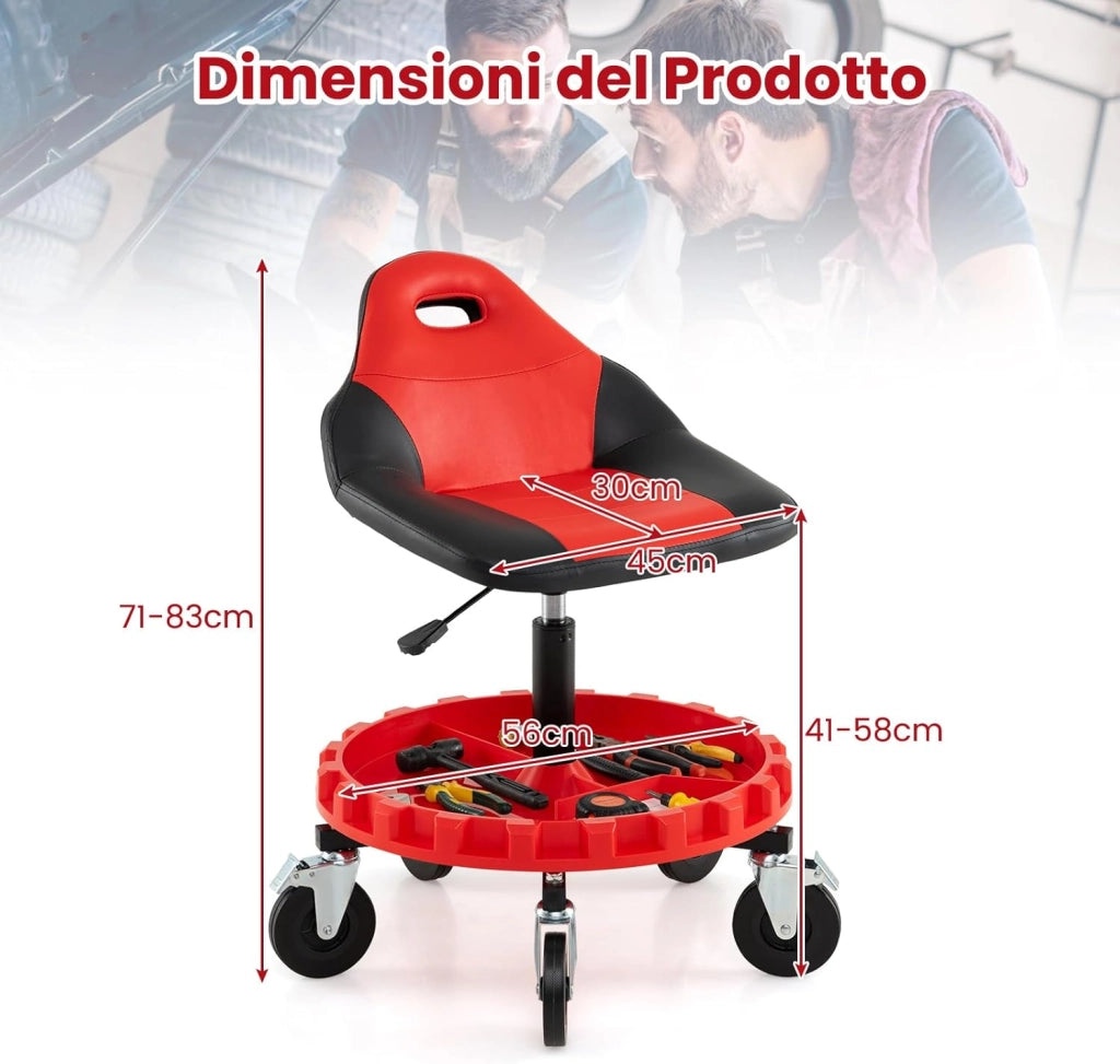 COSTWAY Sgabello da Officina con 5 Ruote, Sedia Meccanico Imbottita con Altezza Regolabile e Vassoio Porta Attrezzi, capacità di 185 kg, per Riparazione Auto, per Garage e Officina