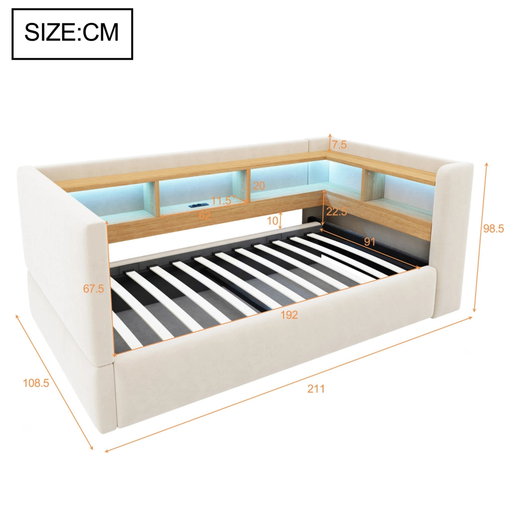 Divano letto con vano contenitore idraulico; LED; prese; 90x190 cm; beige