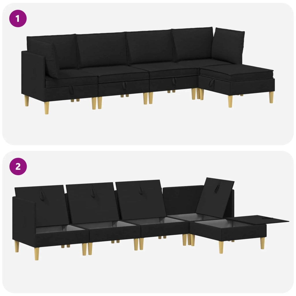 Set di divani modulari con spazio di archiviazione 5 pcs Nero
