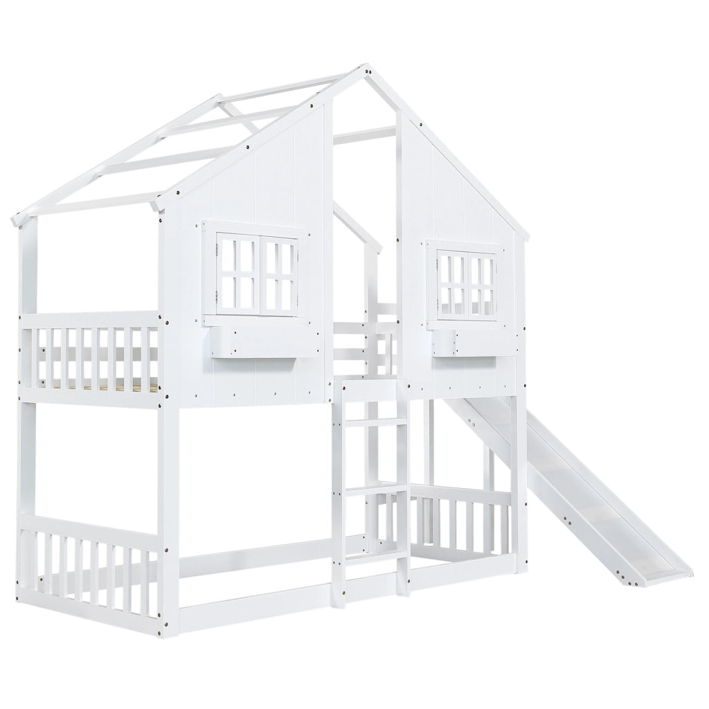 Letto a Castello per Bambini con Scivolo, Tetto e Rete di Protezione ¨C MINIMAL ¨C Pino/MDF, Bianco, 90x200