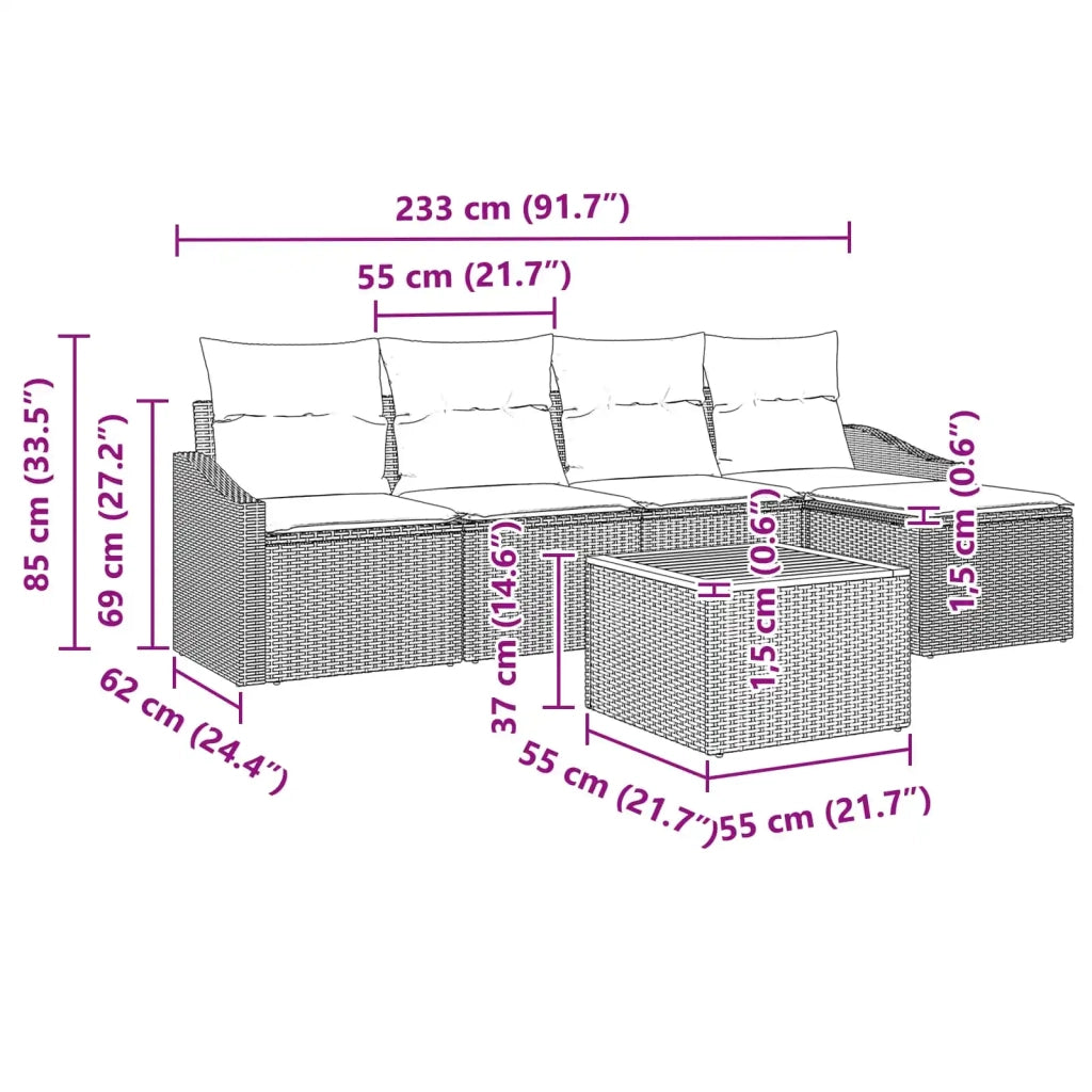 Set Divano da Giardino con cuscino 6 pcs Nero polyrattan