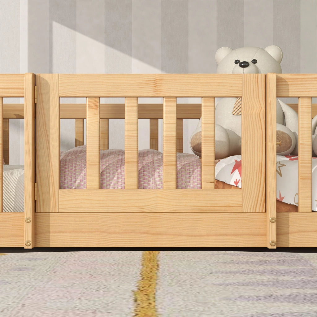 OKWISH Letto a Castello 90×200 cm, Letto Singolo con Scala Dritta, Sponde e Porta, senza Materasso, in Legno Massello, Naturale