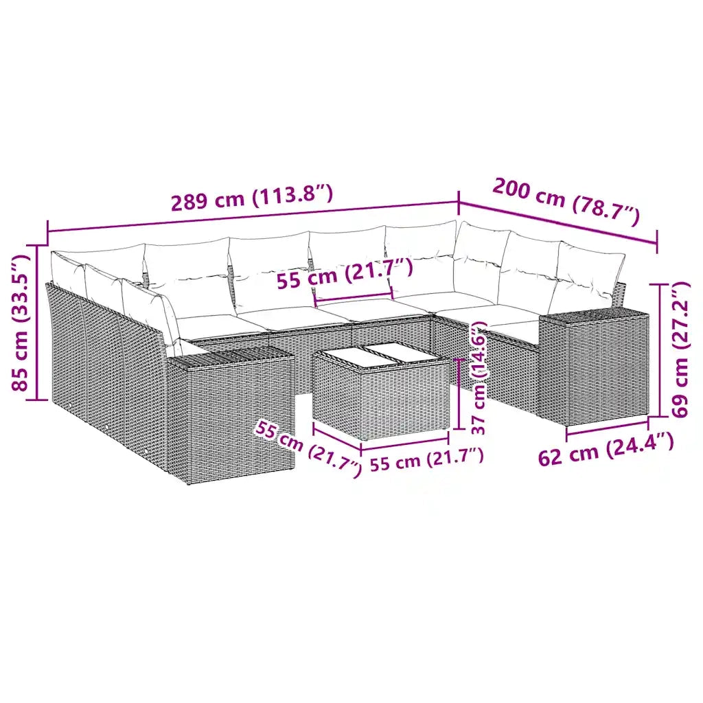 Set Divani da Giardino 10pz con Cuscini in Polyrattan Nero 3255343