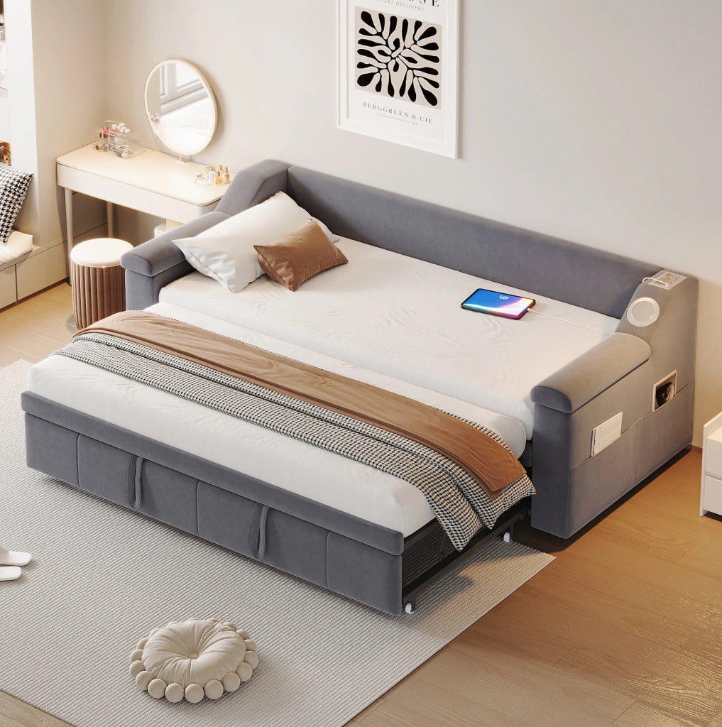 Divano letto estraibile 90/180x190 cm con Bluetooth; USB e vani in velluto grigio