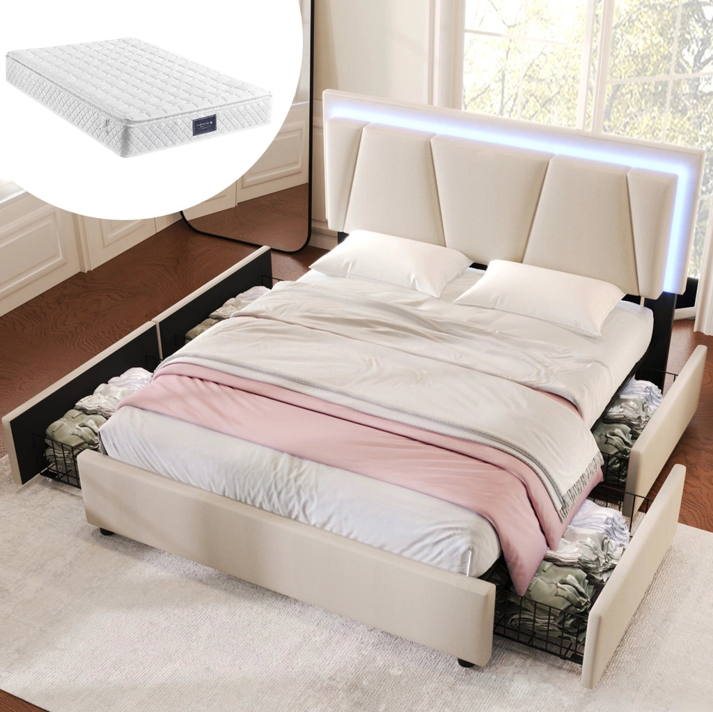 Letto imbottito 140x200 cm beige con LED, 4 cassetti e materasso H3