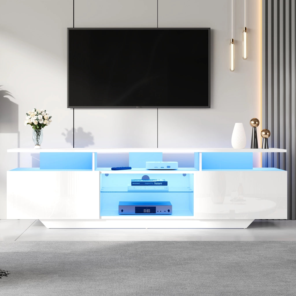Mobile porta TV con 2 armadietti, LED controllato da app, ripiani in vetro temperato, MDF bianco 160 × 40 × 45 cm