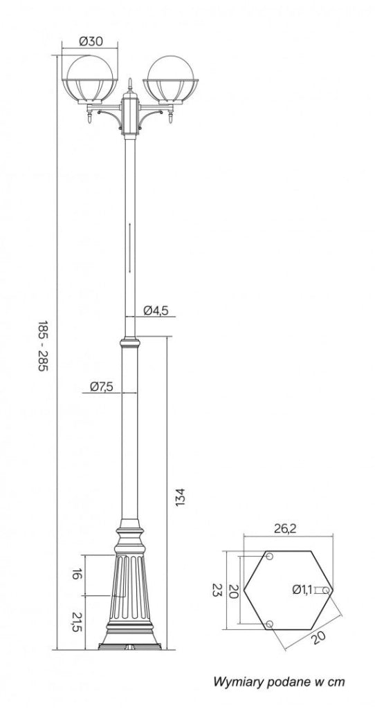 Lampione da giardino 285 cm 2 sfere E27 nero IP43