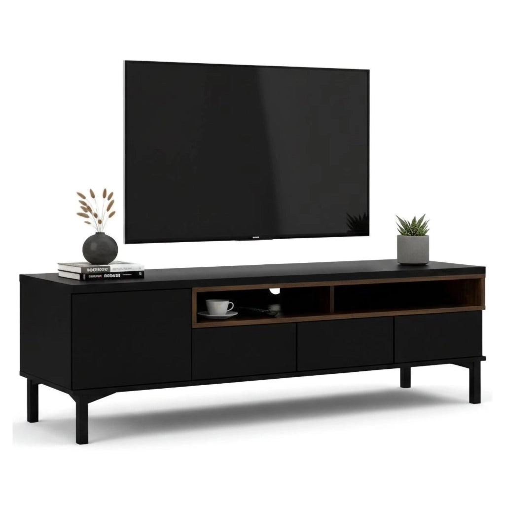 Mobile porta TV Rosata, Credenza da soggiorno, Armadio basso per TV, Base parete attrezzata, 156x48 h48 cm, Nero e Noce