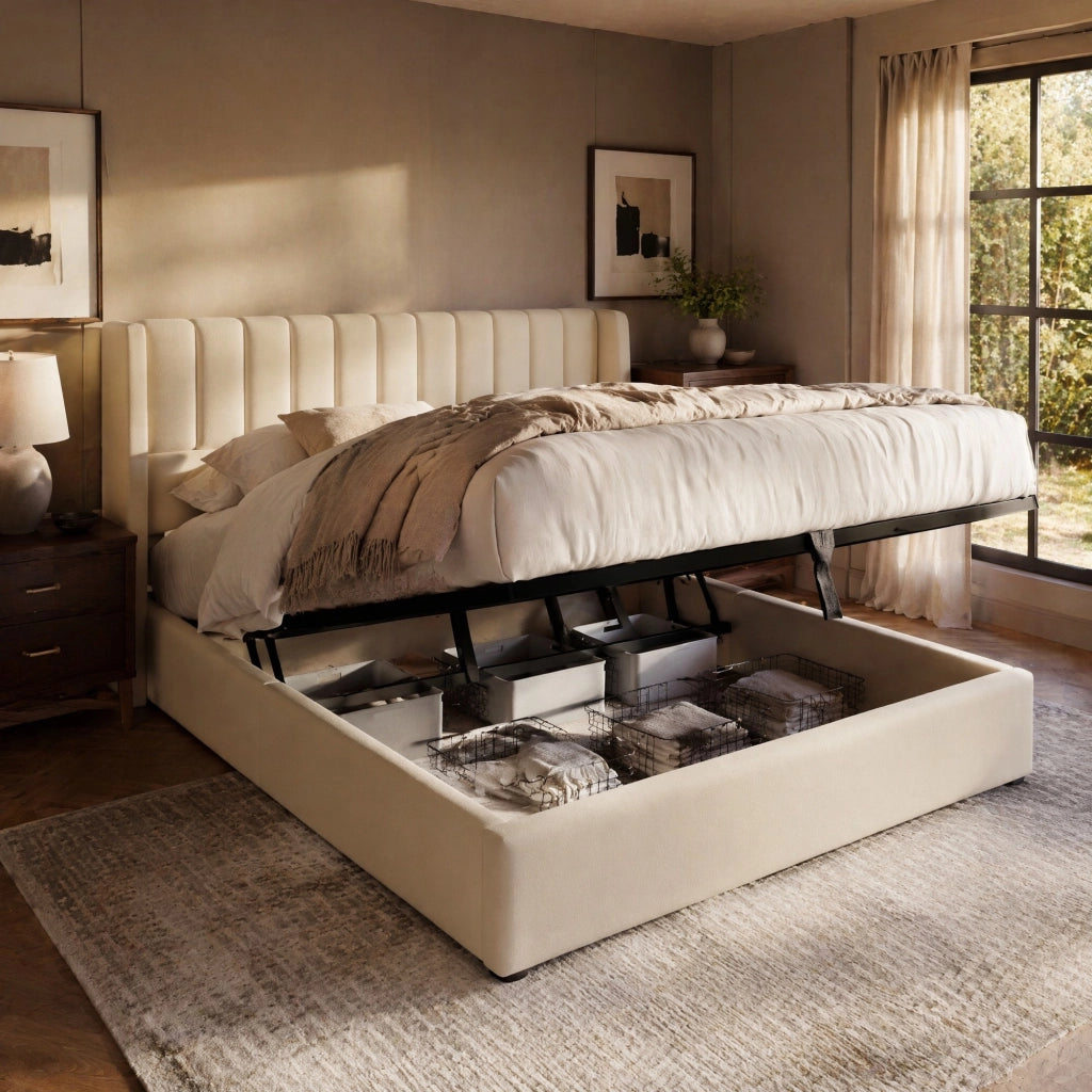 Letto matrimoniale contenitore idraulico 140x200 cm imbottito in lino beige con testiera e rete a doghe