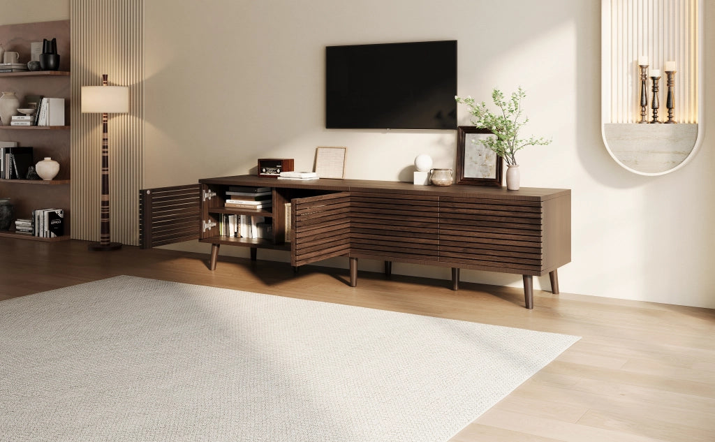 Mobile porta TV con 4 ante e 6 vani aperti, passacavi, per soggiorno, in MDF e truciolare, noce, 180 × 40 × 46 cm