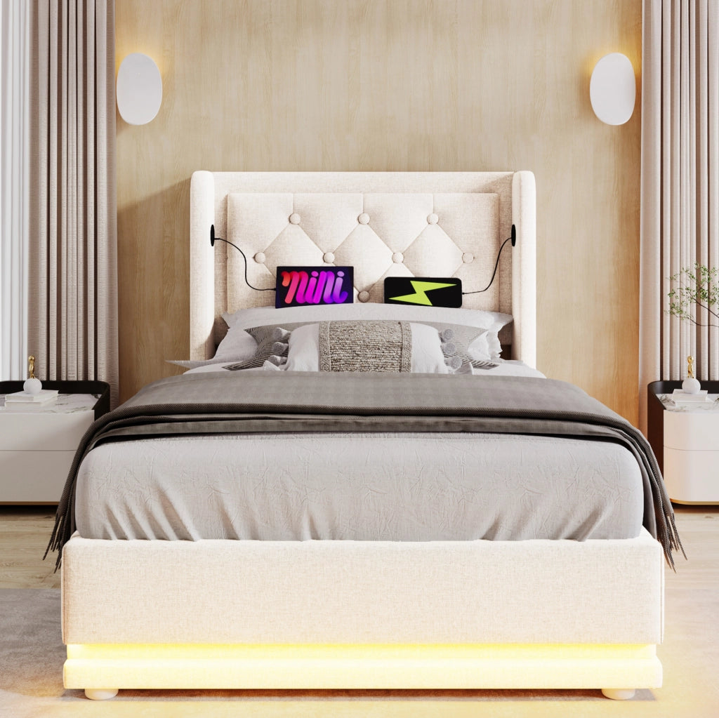Letto singolo imbottito 90x200 cm in cotone beige con contenitore; USB Type-C e LED