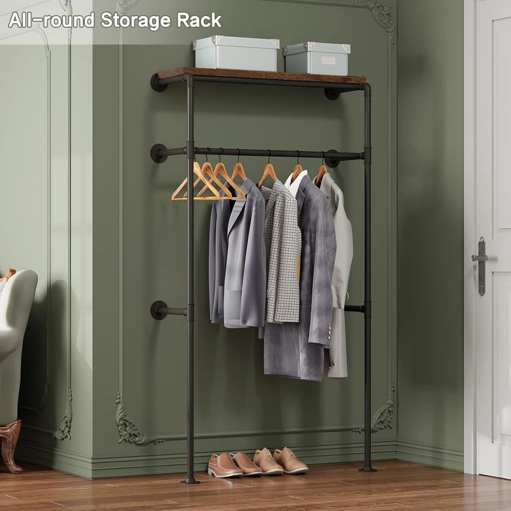 Asta appendiabiti industriale nera per montaggio a parete, appendiabiti con ripiano, per camera da letto, sistema appendiabiti in tubi metallici MDF