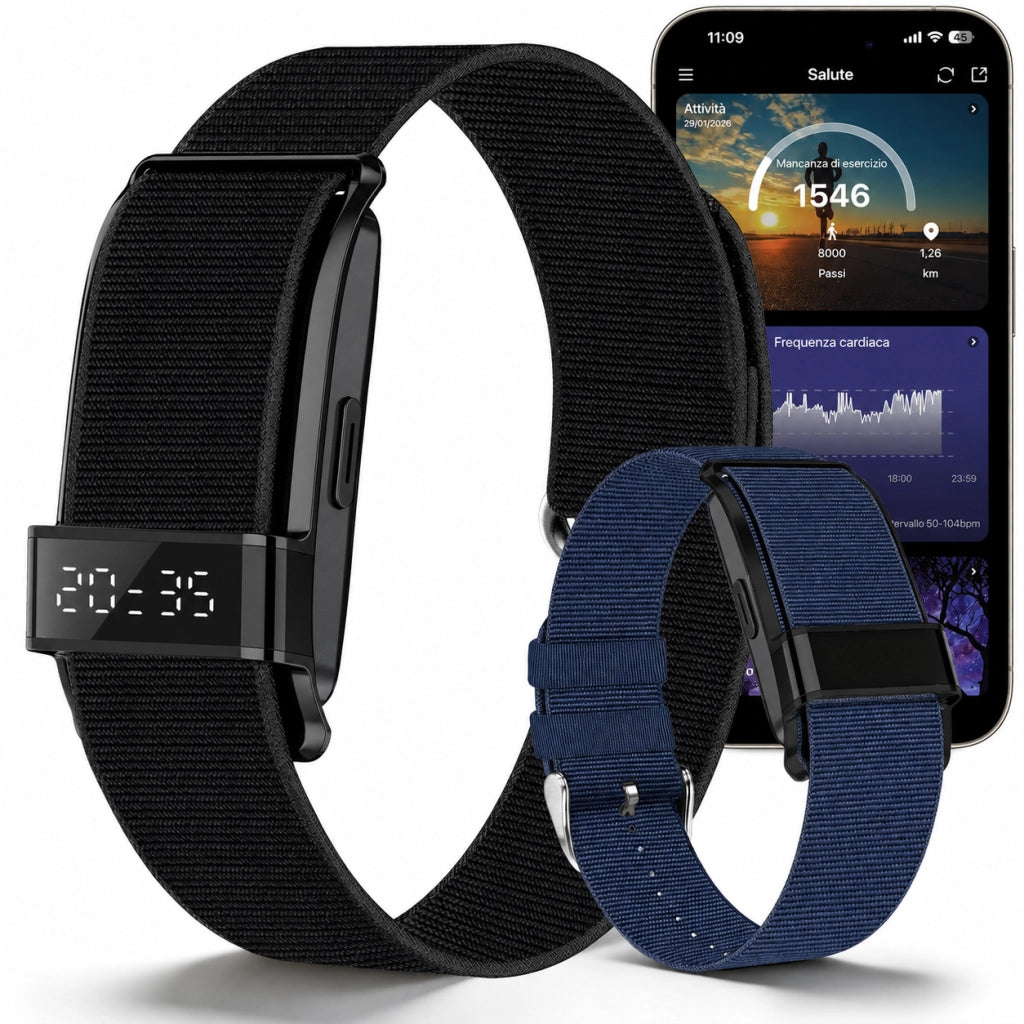 Smartwatch Orologio connesso con display nascosto; monitoraggio 24 ore su 24 della salute: battito cardiaco; HRV; SpO2 e sonno; 2 braccialetti; app gratuita per iOS e Android - nero