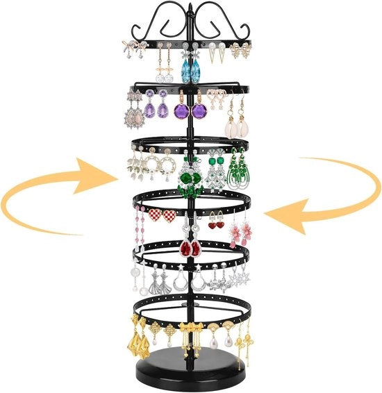 Orologio per orecchini con più livelli per conservare gioielli - Supporto girevole per orecchini - Supporto per orecchini, collane, bracciali - Design elegante in nero - 6 livelli di supporto.