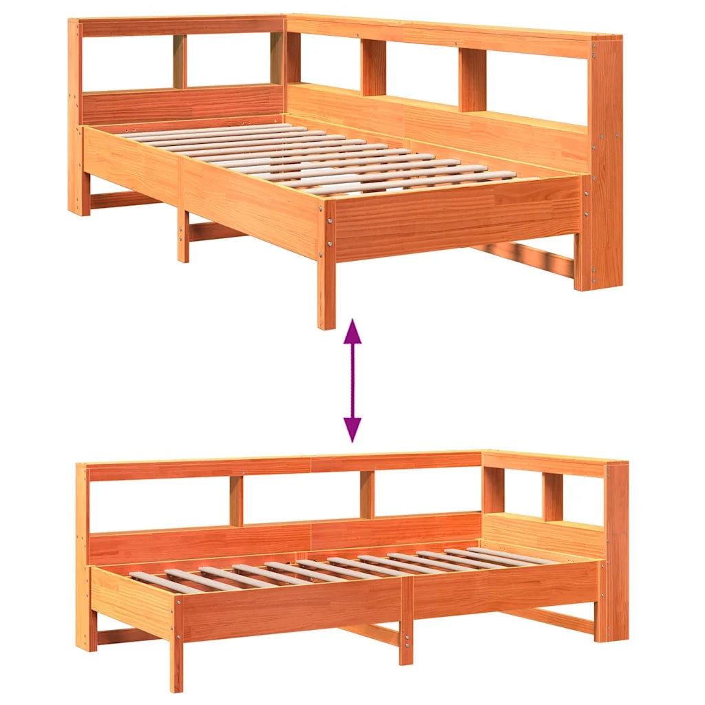 Letto Libreria senza Materasso-Struttura Letto con contenitore Marrone Cera 90x200 cm in Pino 505392