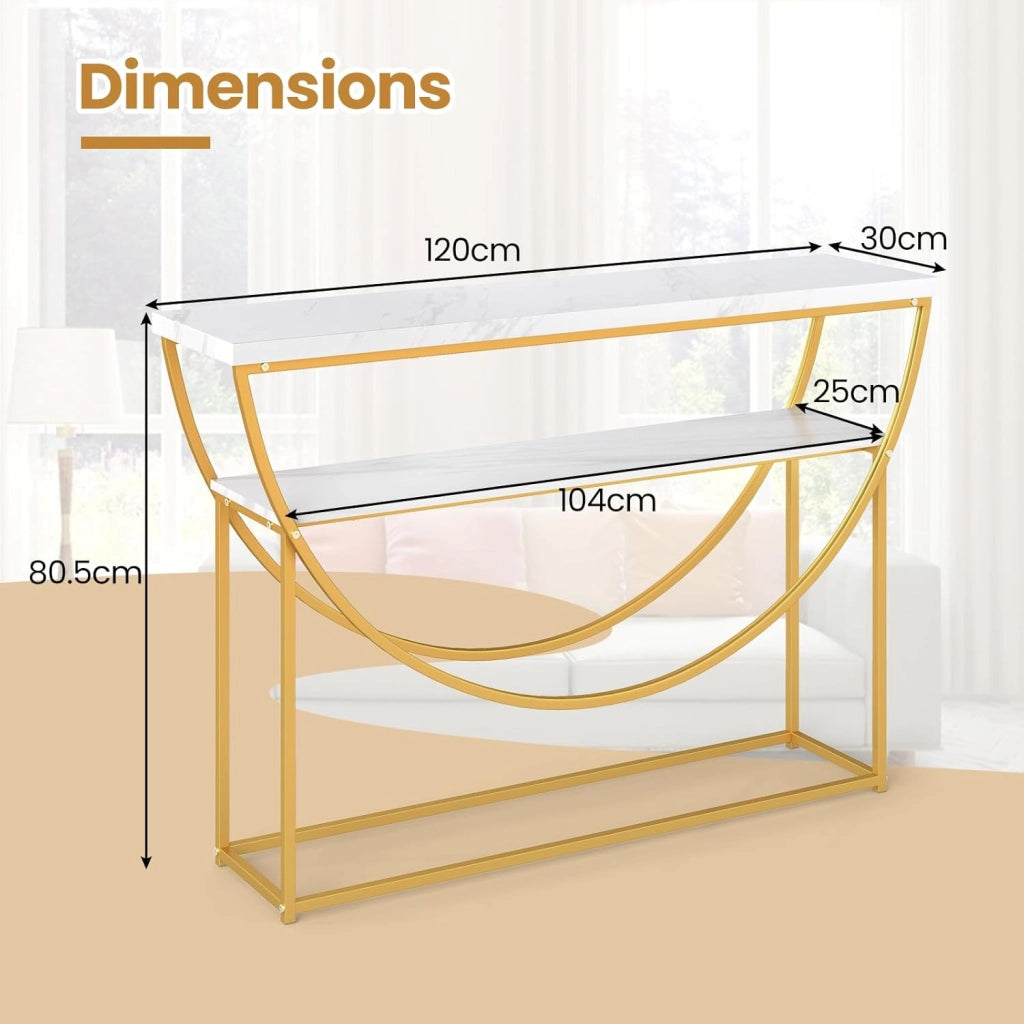Tavolo consolle a 2 livelli, 120 x 30 x 80,5 cm, effetto marmo e telaio in metallo, tavolino ausiliario stretto per ingresso, corridoio e soggiorno