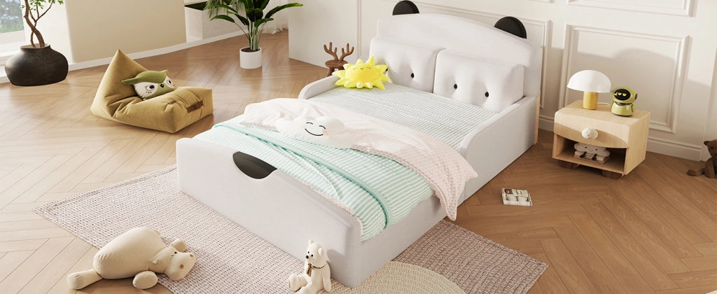 Letto per bambini 140 × 200 cm con testiera a orsetto imbottita, 2 cuscini decorativi, senza materasso, bianco