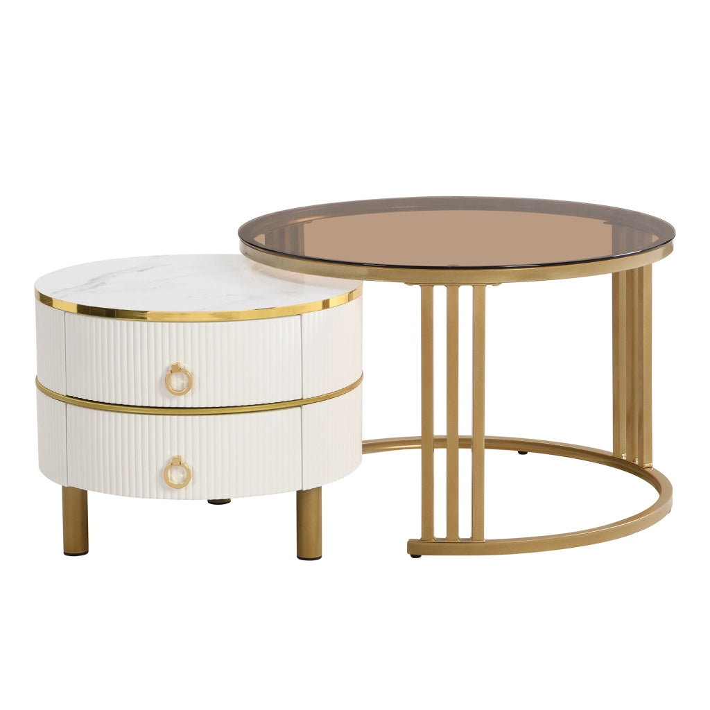 OKWISH Tavolini da Salotto Impilabili Rotondi con 2 Cassetti, Piano in Vetro Temperato e Piano Lucido, MDF, Bianco