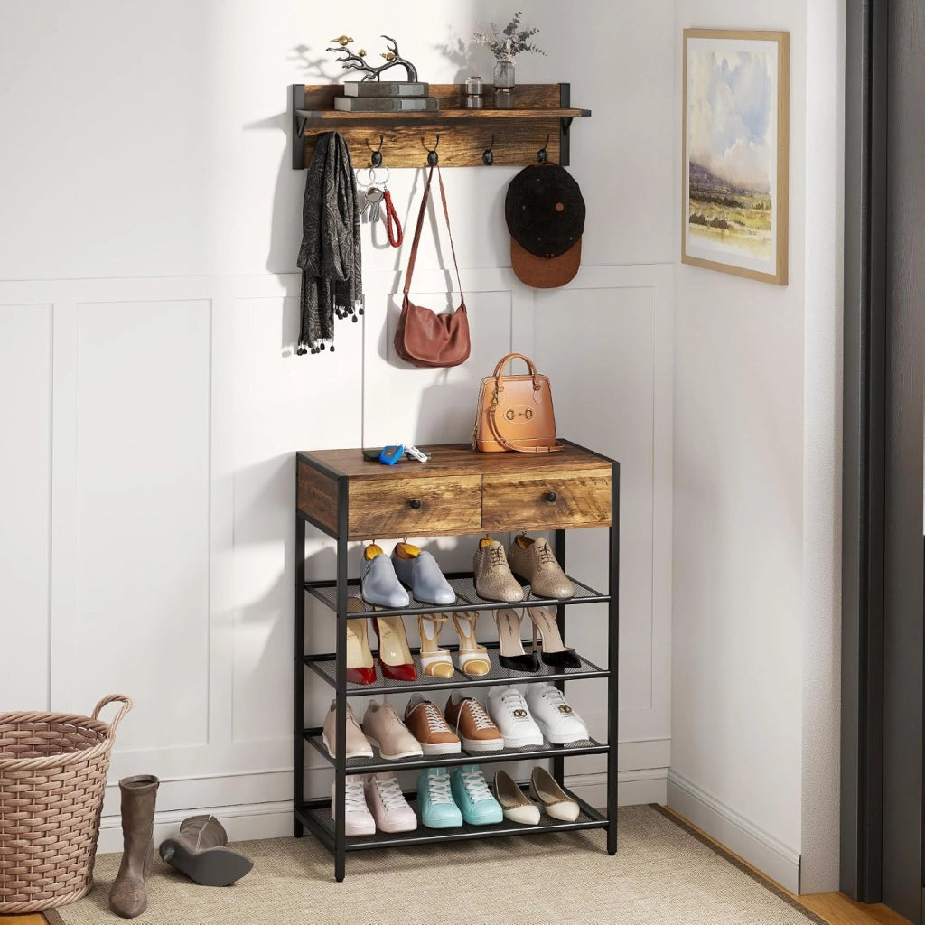 Set di Appendiabiti e Scarpiera, Organizer per Scarpe a 5 Ripiani con Appendiabiti da Parete, Ganci, Cassetti, Attaccapanni Industriale per Ingresso, Camera da Letto, Marrone Rustico