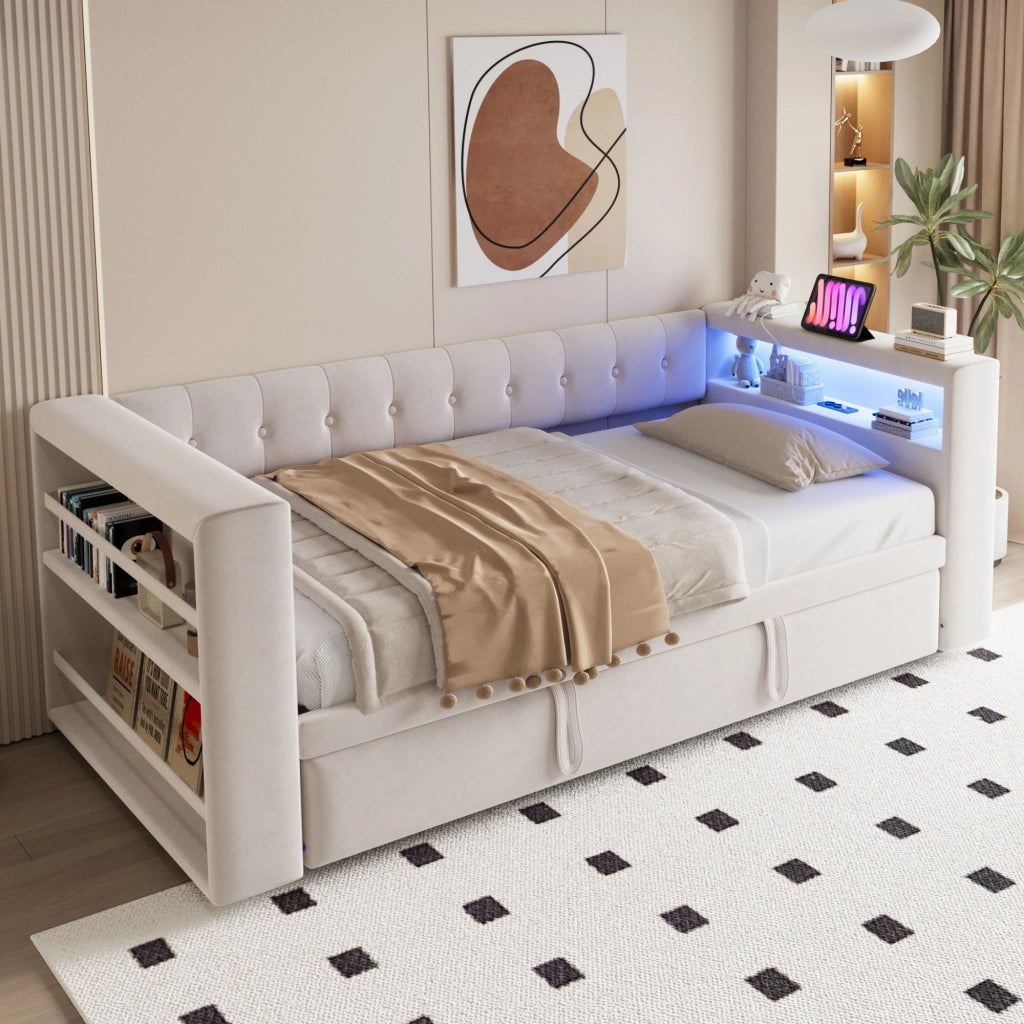 OKWISH Letto a Divano 90/180×190 cm, Letto Singolo con LED Multicolore, Prese e Vani Contenitori, senza Materasso, in Flanella, Beige