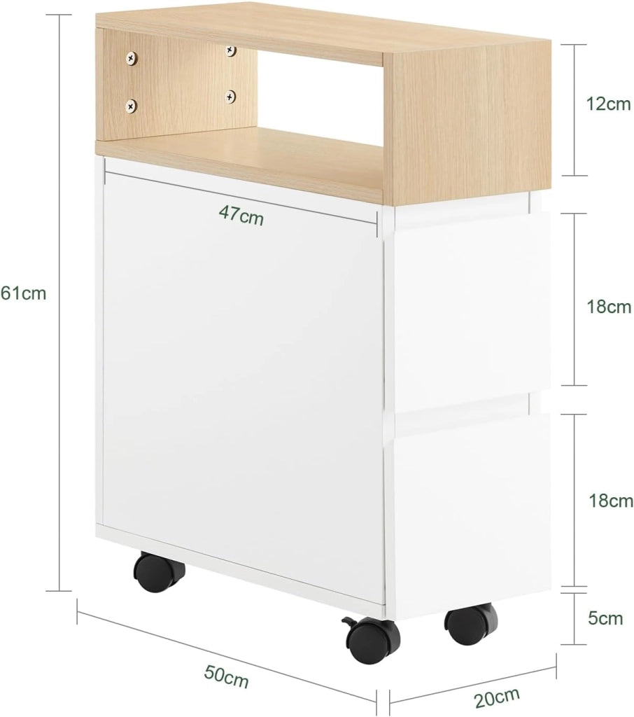 Tavolino Stretto con Rotelle e 2 Cassetti - Tavolino da Notte Multifunzionale per Camera da Letto/Soggiorno, Mobile con Rotelle Bianco/Naturale 50x20x61cm FBT155-WN