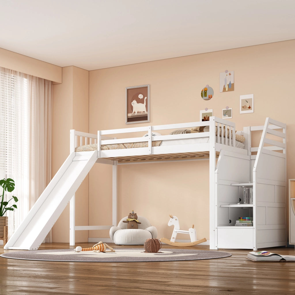 Letto a castello bianco in pino con scivolo e scala portante 90x200 cm