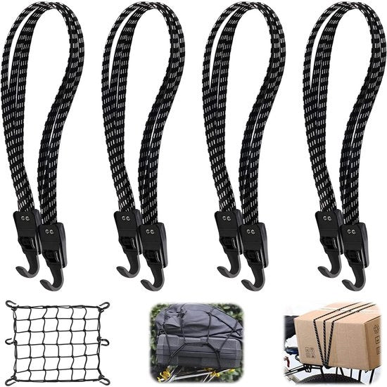 Quattro spanbandi per bagagliaio, spanbandi per bicicletta, spanbandi per bagagliaio di motocicletta, con ganci, spanbandi per bagagliaio, spanbandi per bicicletta regolabili per bagaglio, bagagliaio per bicicletta 60 cm - 110 cm, nero