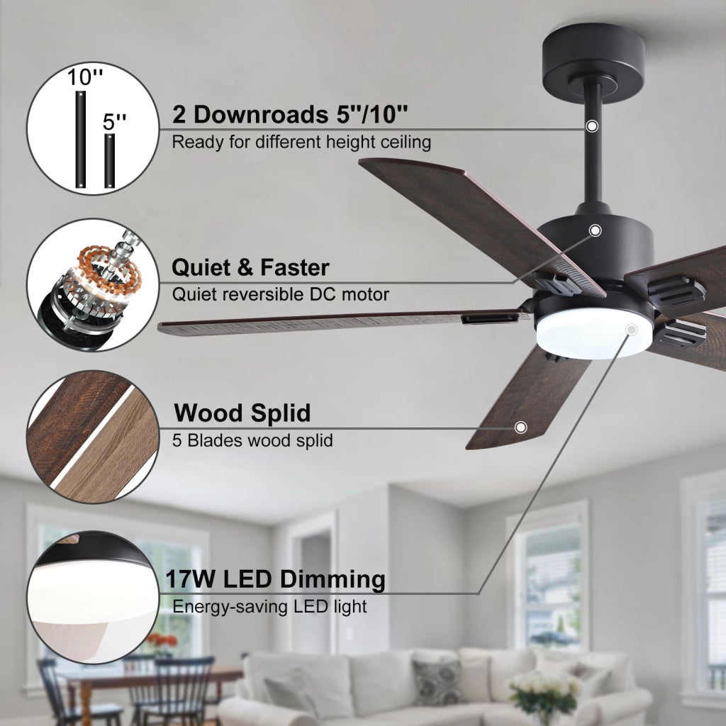 Ventilatore da soffitto 42 pollici con luce, nero moderno con telecomando, stile rustico, doppia finitura pale, motore potente