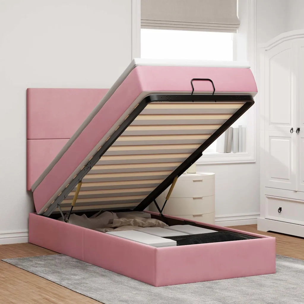 Struttura Letto Pouf con Materassi Rosa 90x200 cm in Velluto