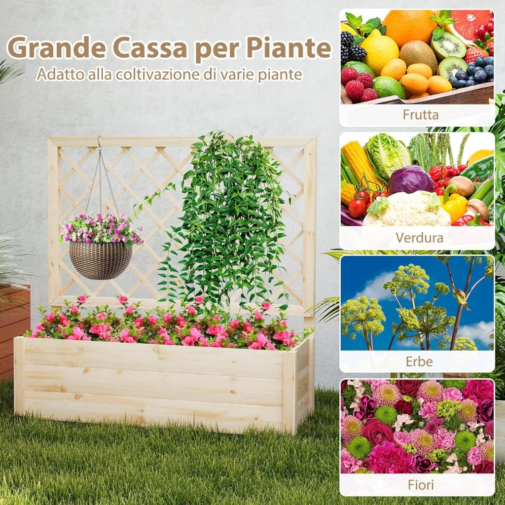 Fioriera con Traliccio, Letto da Giardino Rialzato con Grigliato e Fori di Drenaggio, Aiuola Elevata in Legno per Piante Rampicanti da Interno ed Esterno (98 x 35 x 101 cm)