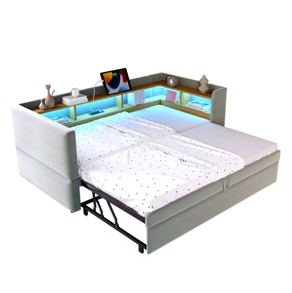 Divano letto imbottito 90/180 x 190 cm grigio chiaro con LED, prese e vani