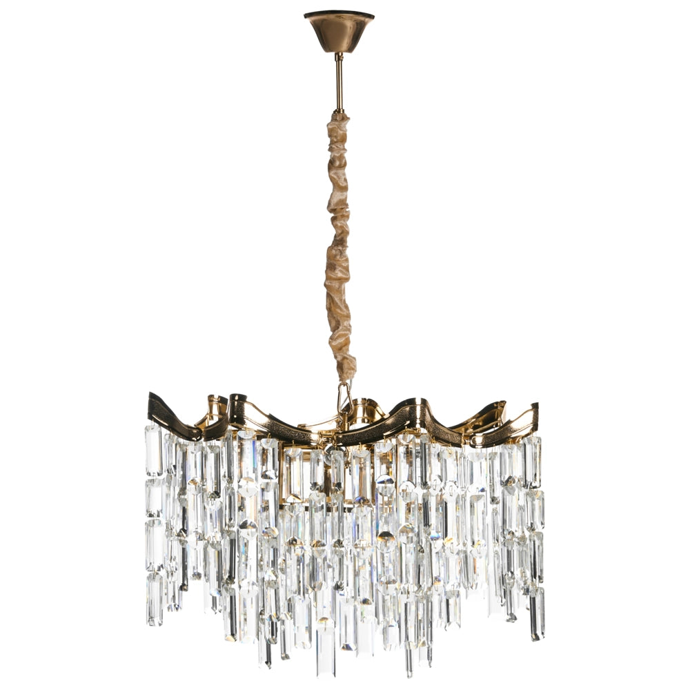 Lampadario in ferro dorato con cristalli sintetici acrilici design a più livelli stile glamour effetto scintillante