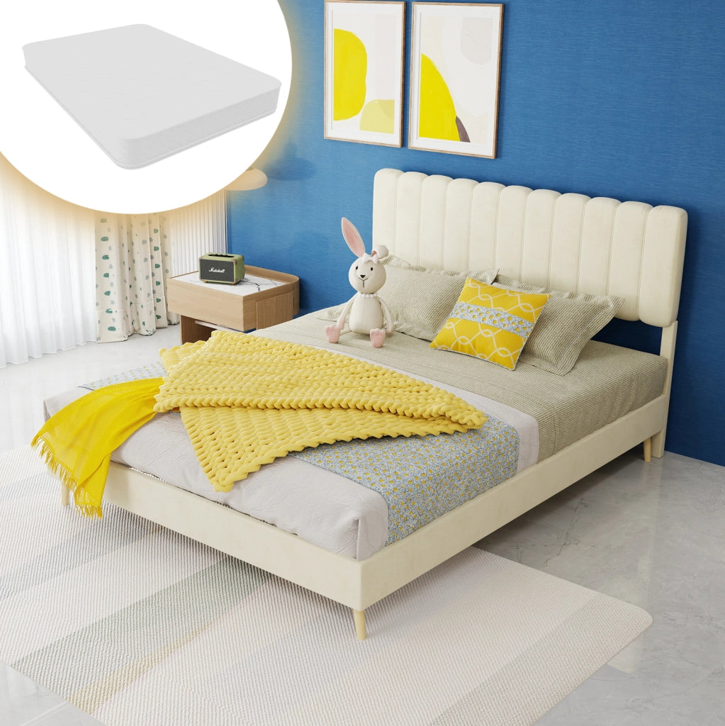 Letto imbottito 140x200 cm con testiera alta; tessuto beige