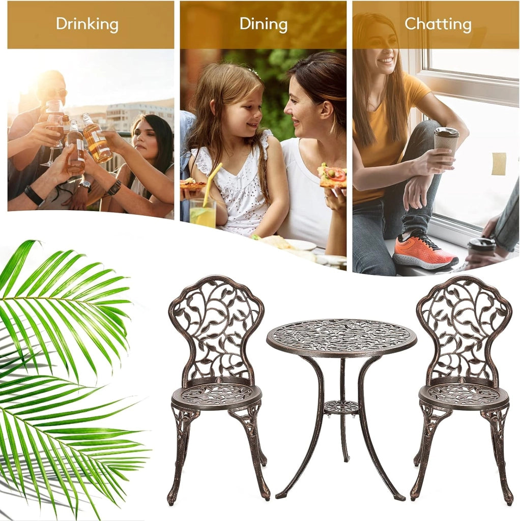 Set da Bistrot Tavolo Rotondo con 2 Sedie in Fusione di Alluminio, Set da Giardino Antico per Esterni Balcone Bordo Piscina, Bronzo