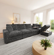 Sofa modulare 5-6 posti con pouf; USB/Type-C; portabicchieri e tavolino girevole 313x147x82 cm; grigio