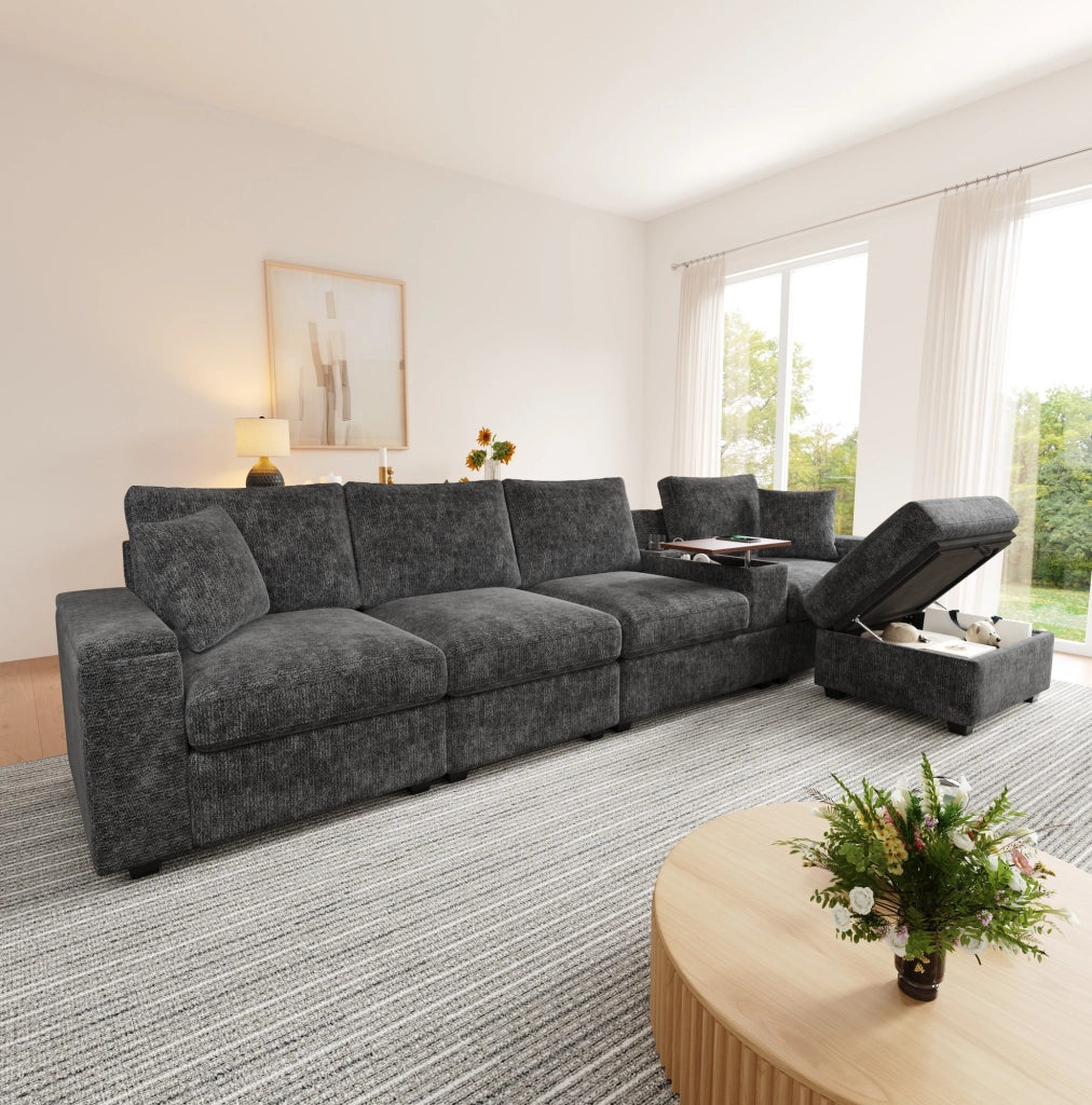 Sofa modulare 5-6 posti con pouf; USB/Type-C; portabicchieri e tavolino girevole 313x147x82 cm; grigio