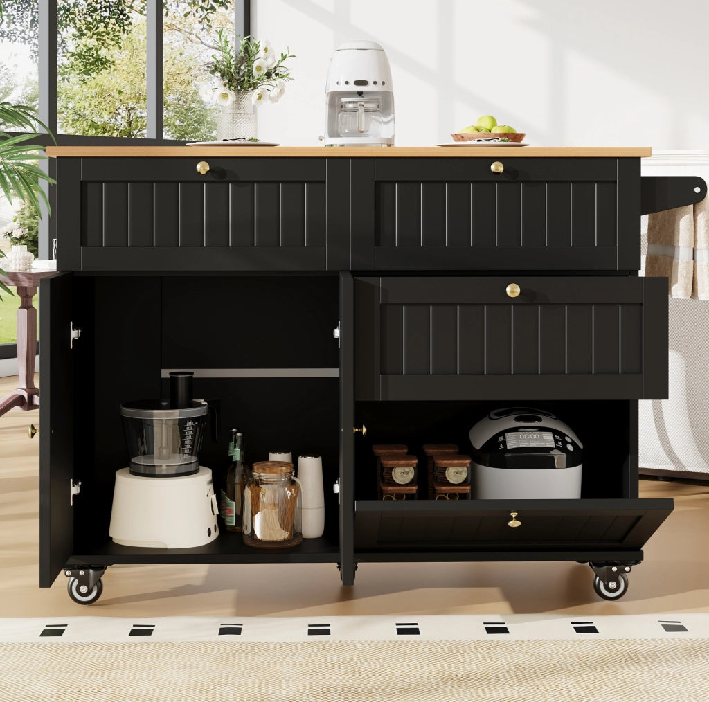 Isola da cucina mobile pieghevole in MDF nero con ruote