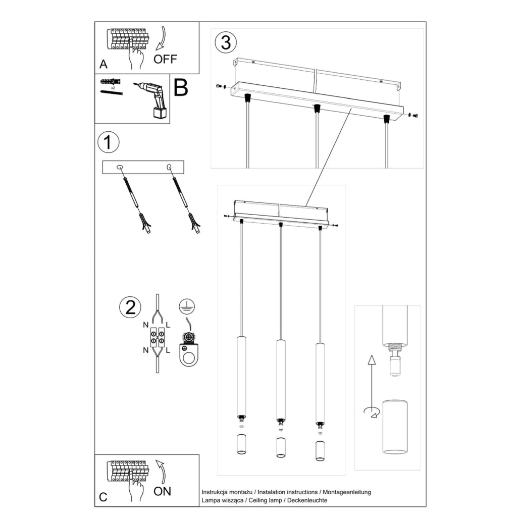 Lampadario SULTAN 3 Pure Lume nero metallo/vetro G9