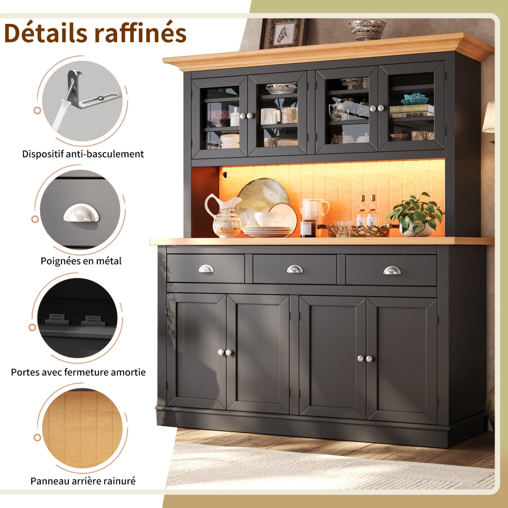 Credenza alta vetrina LED con anta in vetro e ripiani regolabili; per sala da pranzo; nero; 140 × 40 × 180 cm