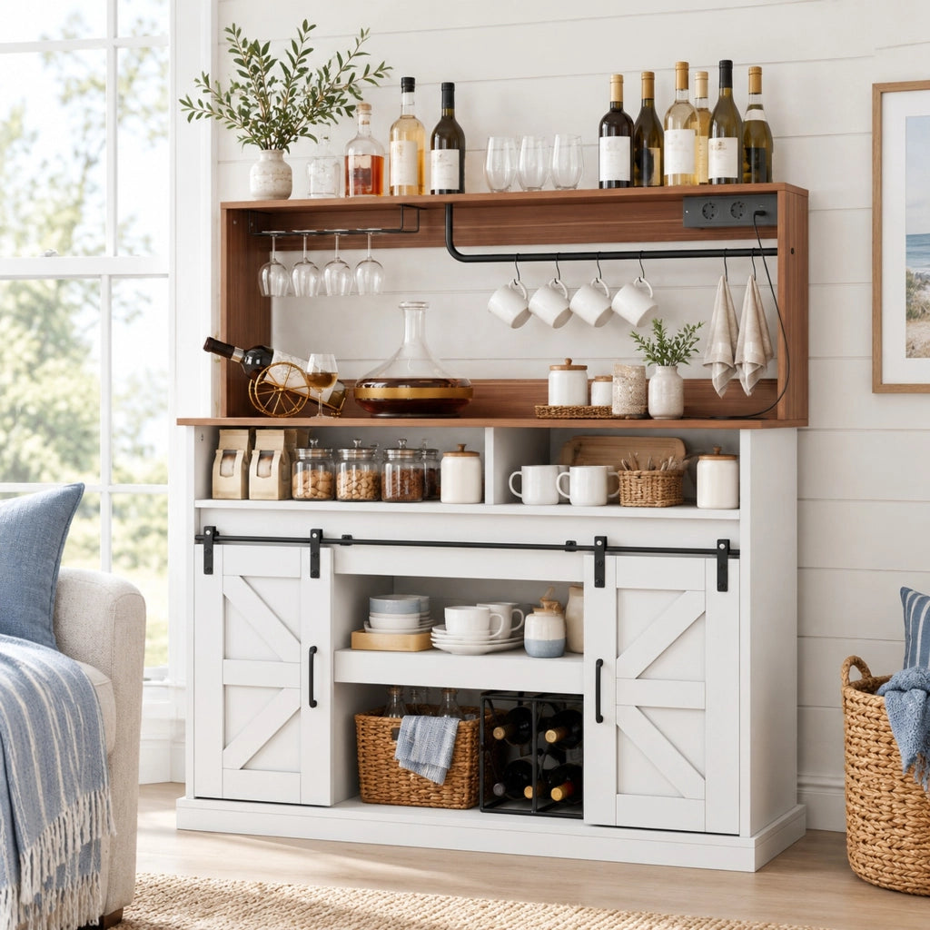 Mobile bar caffè 120 cm con prese USB; portabicchieri e ante scorrevoli HOMVRA
