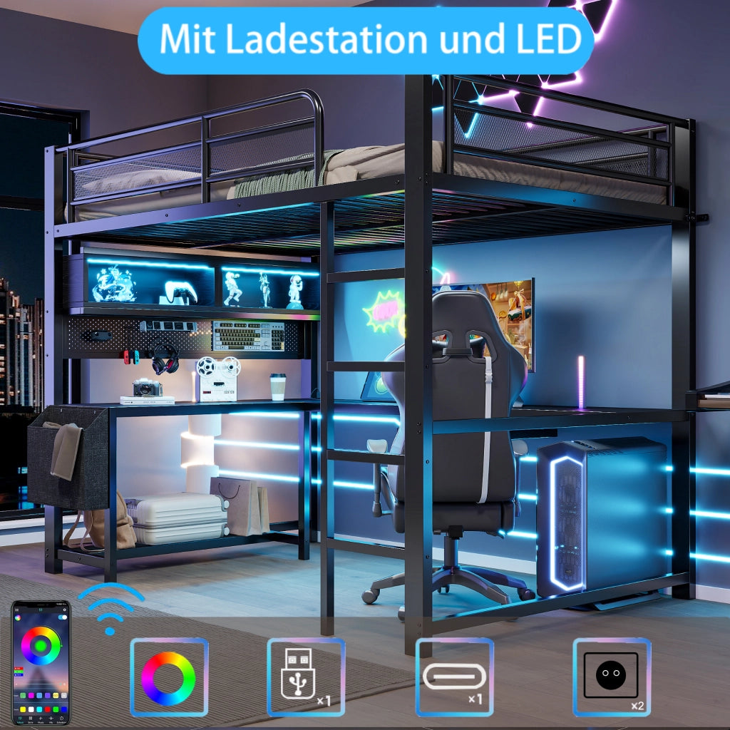 DESMIU Letto a soppalco 140 × 200 cm 2 posti con scrivania, LED, presa e USB, senza materasso, in MDF e metallo, nero